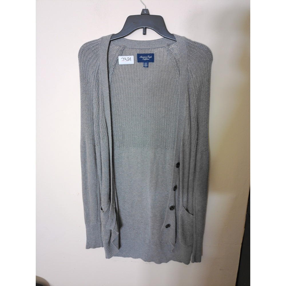 American Eagle Cardigan Women XS Gray Open Knit Longline Pockets Academia Casual